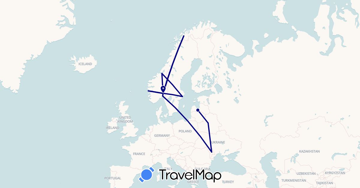 TravelMap itinerary: driving in Belarus, Latvia, Moldova, Norway, Sweden (Europe)
